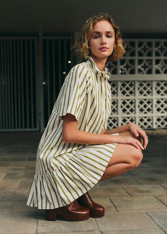 Clotildeドレス - エクリュ カーキ ストライプ - コットン - Sézane