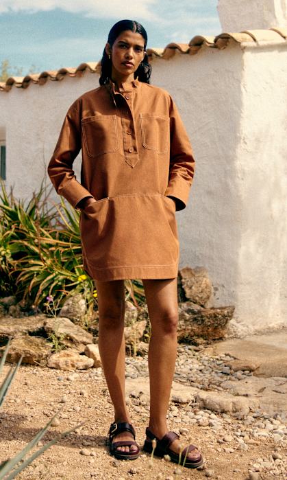 24SS◆SEZANE◆OANELLE ショートドレス コットンリネン ベージュ Oanelle Dress - Light Beige - Cotton - Sézane