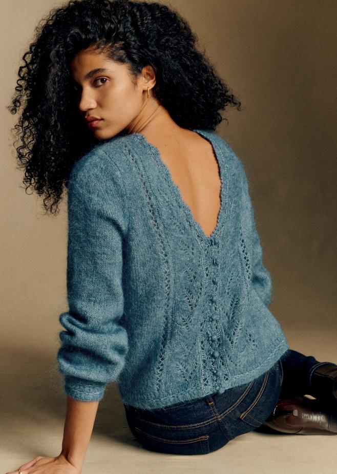 SEZANE Parisレース編みオフショルダー長袖カーディガンS 青 Openwork, Knitwear, Shop | Sézane