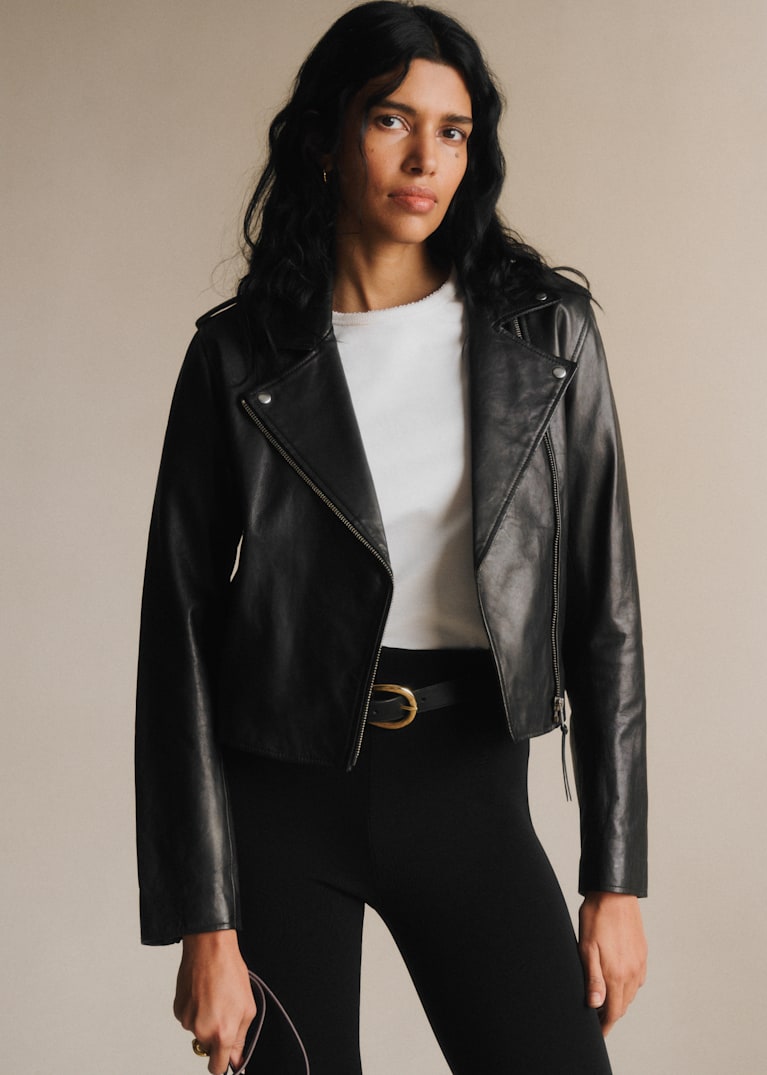 Veste En Cuir Noir Principles - Taille 42 (Chest Size) - Occasion En Très Bon état