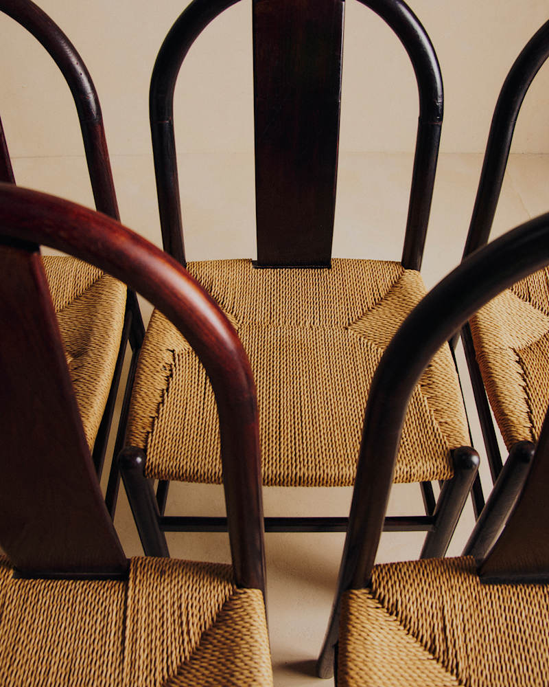 LOT DE 5 CHAISES ITALIENNES VINTAGE EN BOIS ET CORDE