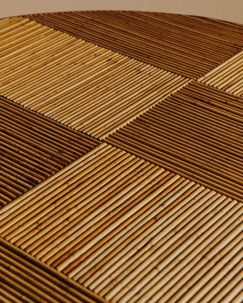 TABLE À MANGER VINTAGE EN BAMBOU ET PLATEAU EN MARQUETERIE
